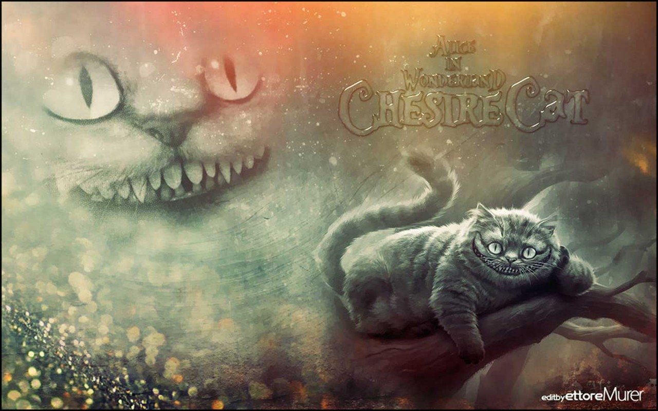 A vibrant illustration featuring the Cheshire Cat from the movie Alice in Wonderland (2010), showcasing its mischievous grin and whimsical presence among a dreamy background.