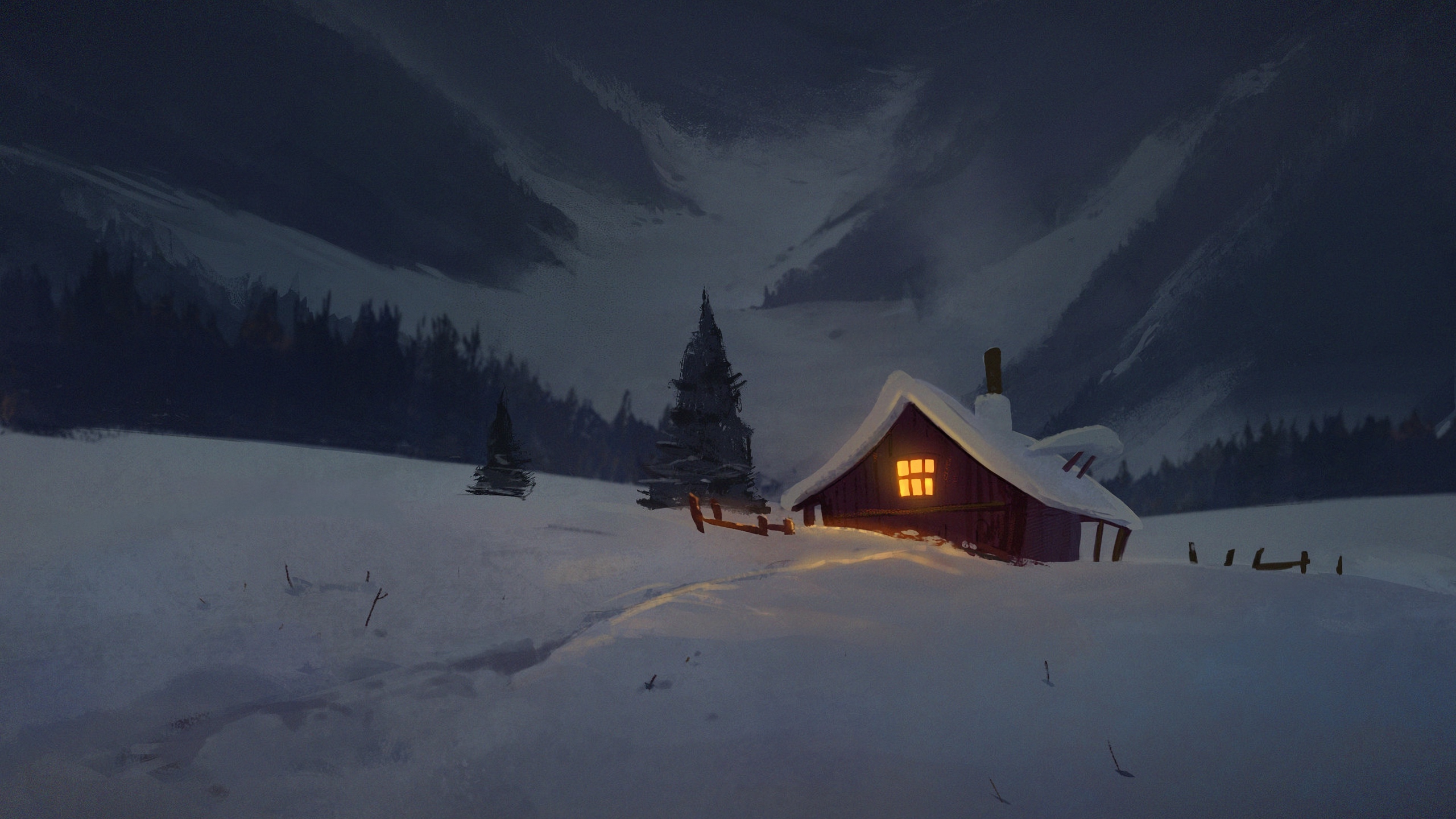 Cabin on Winter Night - Image Abyss