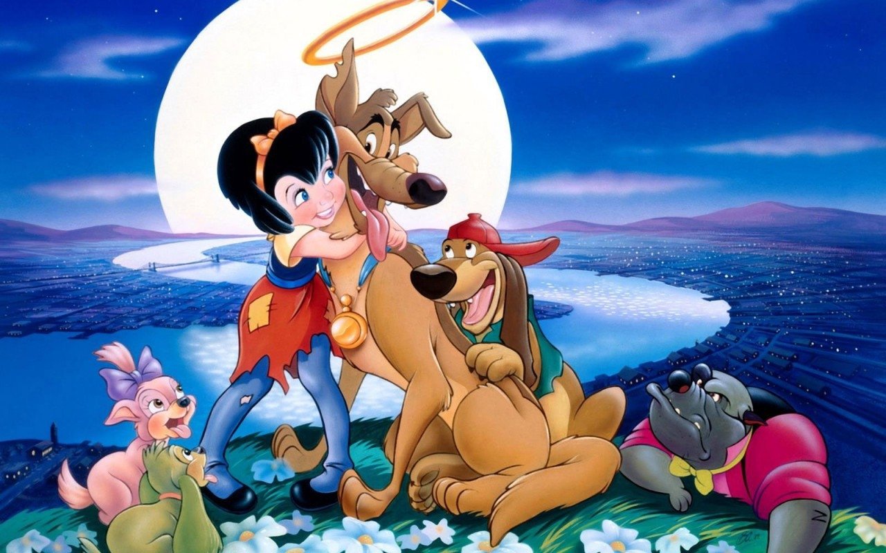 A scene from the movie All Dogs Go to Heaven, featuring a girl embracing a dog surrounded by several playful dogs under a glowing moonlit backdrop.