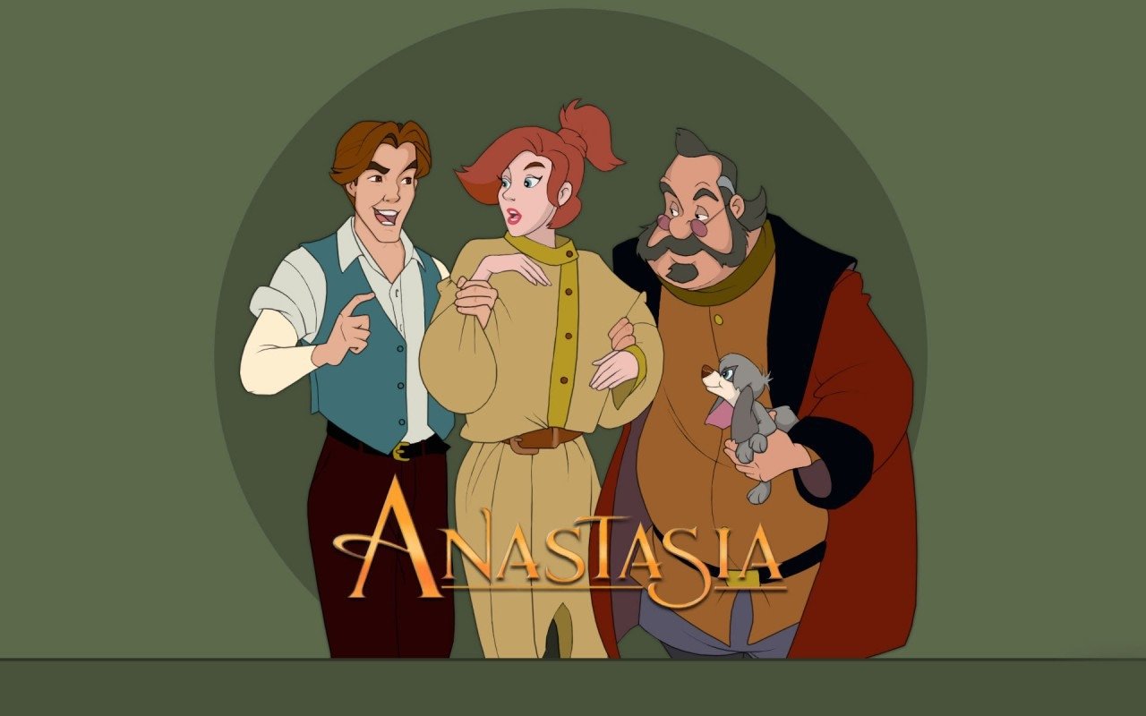 Animated characters from the movie Anastasia stand together, including a young man, a woman in period clothing, and a man holding a small dog.