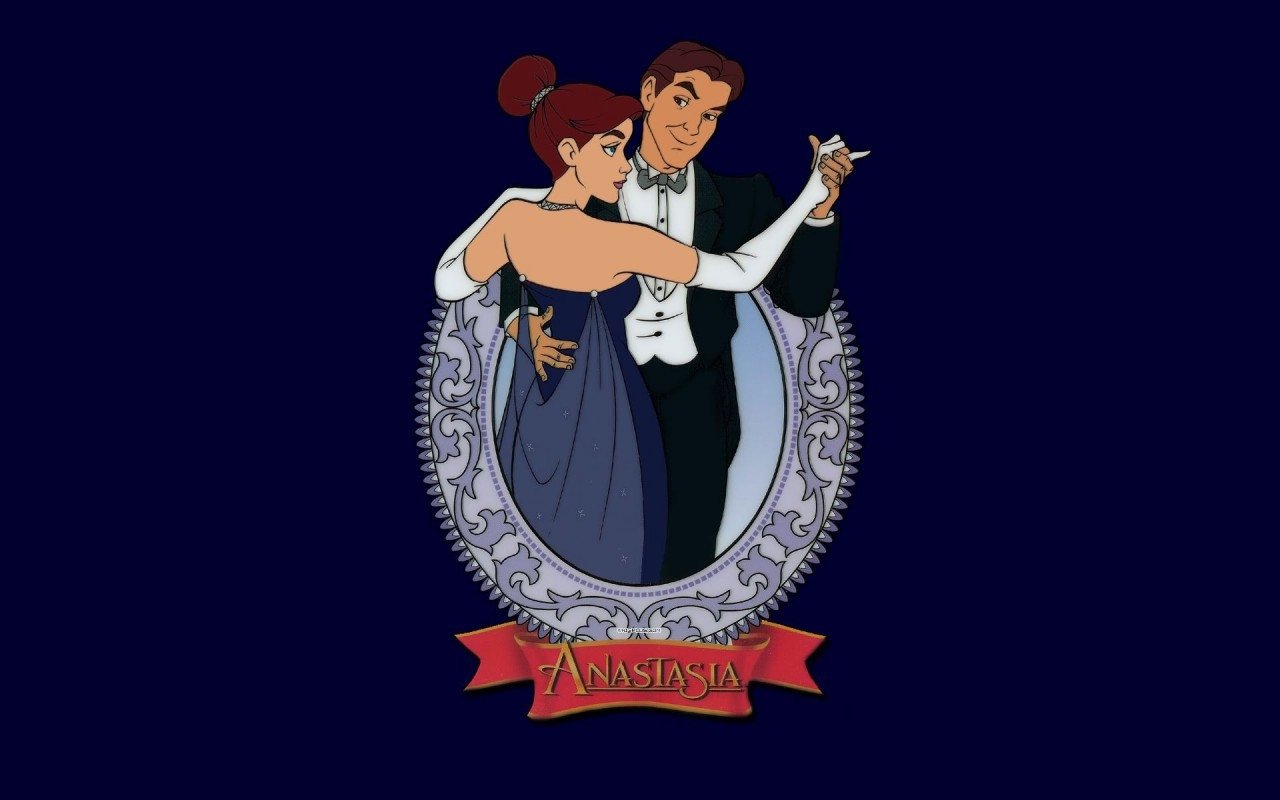 Animated characters from the movie Anastasia dance elegantly within an ornate frame against a dark background.
