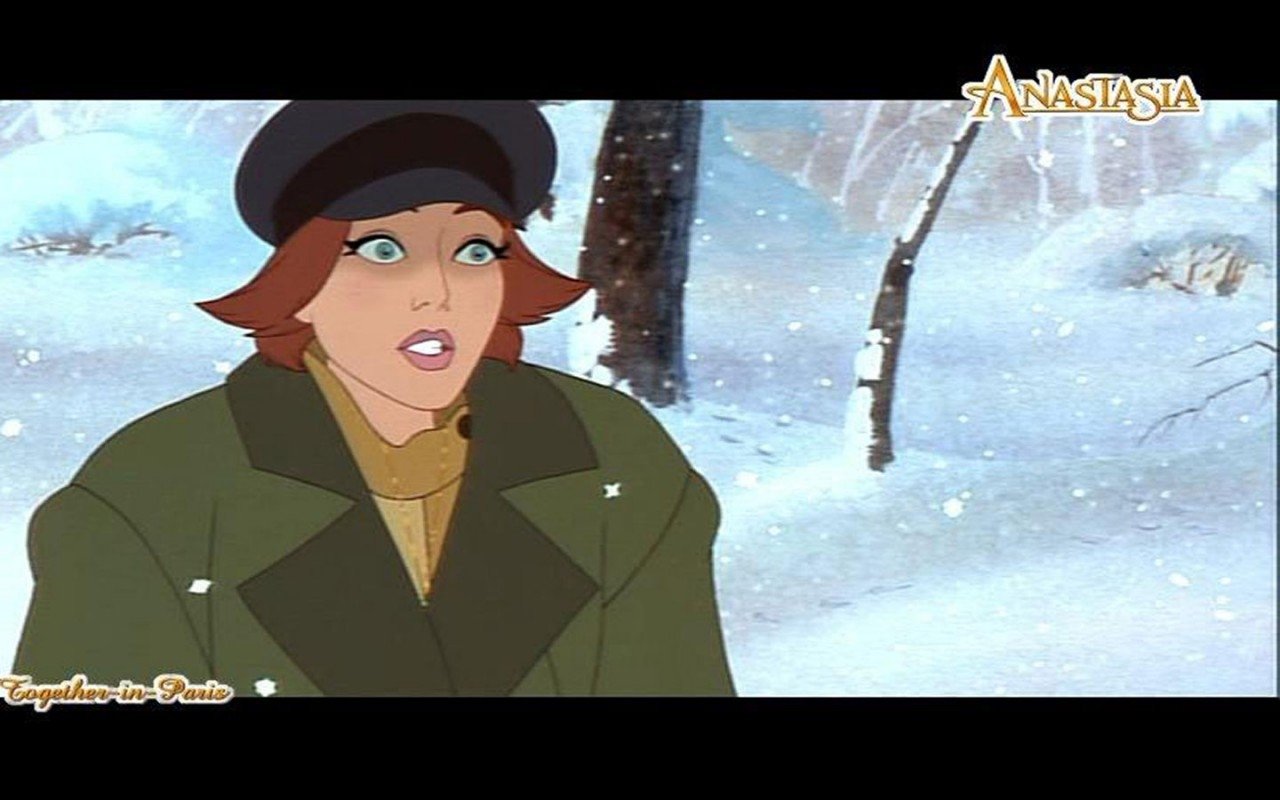 Animated scene from the movie Anastasia showing a surprised woman in a green coat and black hat standing in a snowy forest.