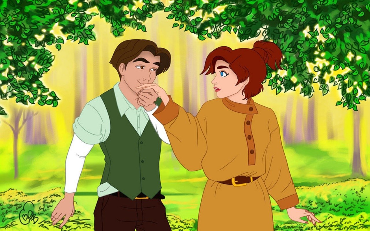 Anastasia and Dimitri share a tender moment in a sunlit, leafy forest from the movie Anastasia.