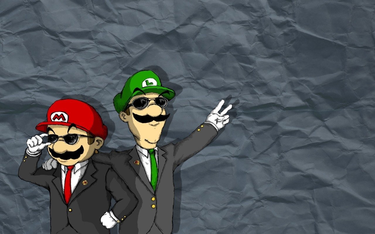 Two cartoon characters, one in red and the other in green, both donning sunglasses and suits, pose confidently against a textured gray background. They are inspired by the Mario video game franchise.
