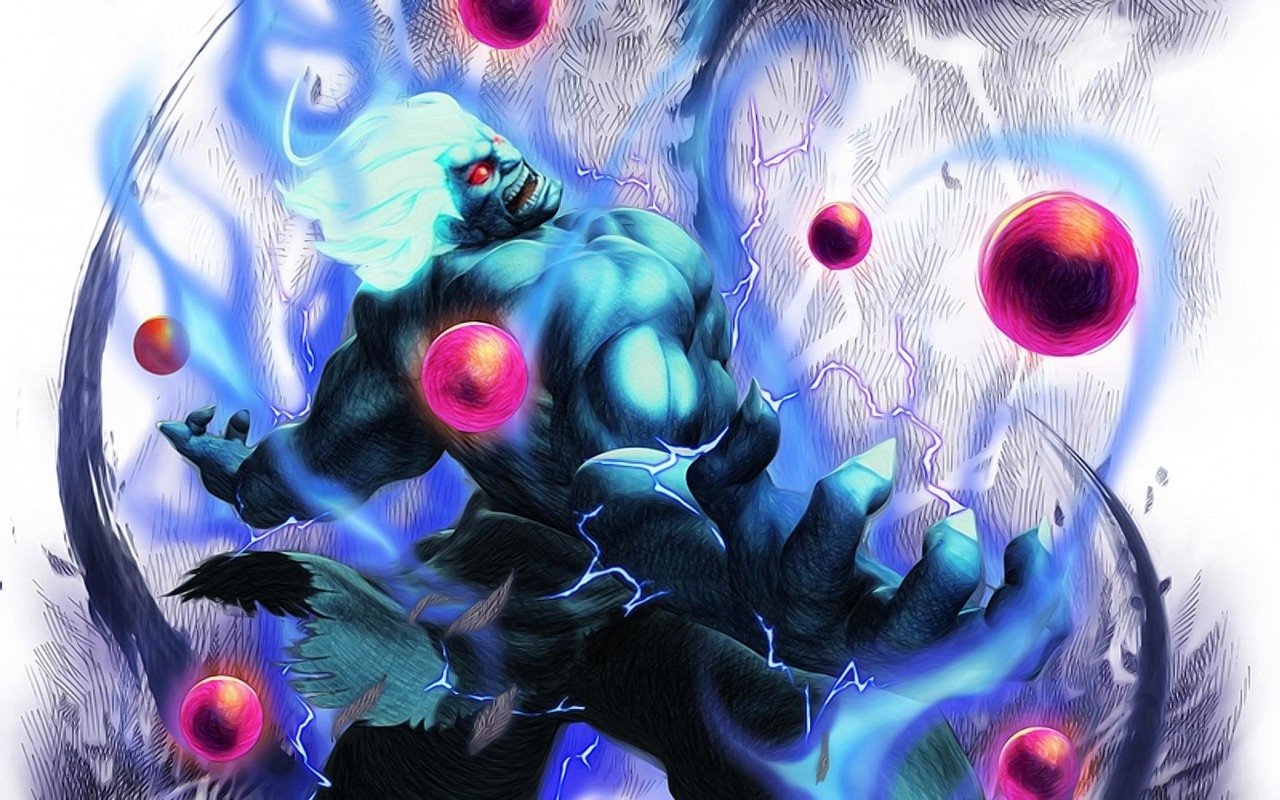 Blanka from the Street Fighter video game, glowing with blue energy and surrounded by floating red orbs in a dynamic, electrified pose.