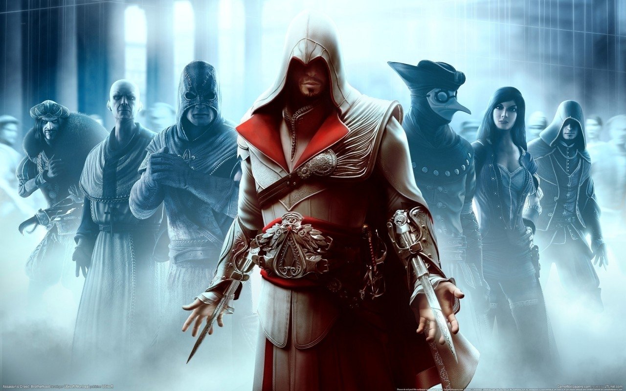 A group of characters from the video game Assassin's Creed: Brotherhood, with the central figure in a white and red assassin outfit standing prominently.