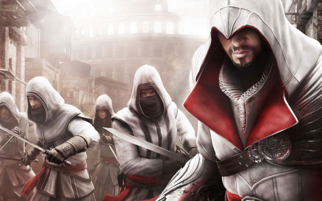 A group of hooded assassins stands in an ancient city, weapons drawn, showcasing a dramatic scene from Assassin's Creed: Brotherhood, a popular video game series.
