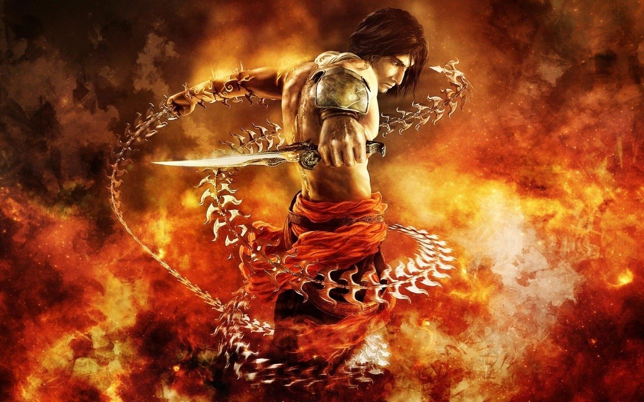 A dynamic scene from the video game Prince of Persia, featuring the protagonist with a sword, surrounded by swirling chains and fiery effects, symbolizing action and adventure.