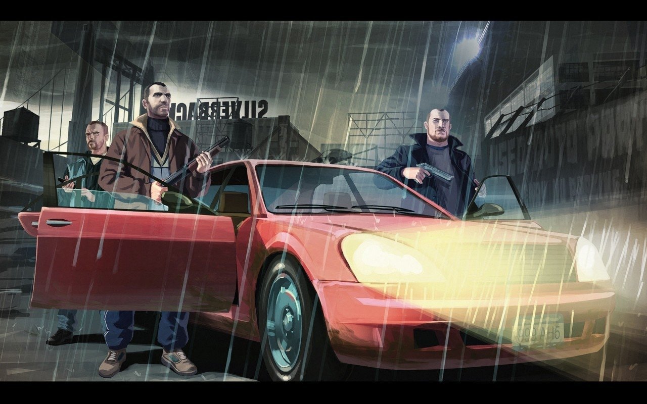 Characters from the video game Grand Theft Auto IV stand by a red car in a rainy, urban nighttime setting.