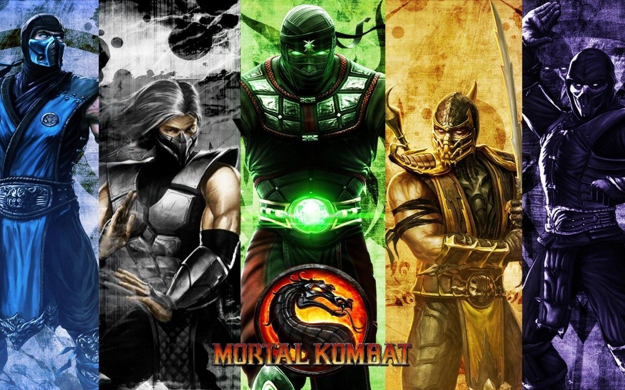 A dynamic collage of characters from the video game Mortal Kombat, showcasing iconic fighters in vibrant colors with the game’s logo prominently displayed at the bottom.