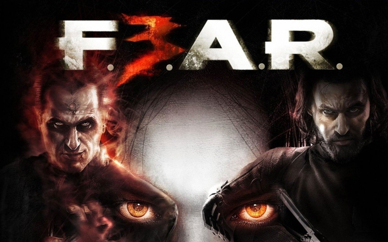 Cover art for the video game F.E.A.R. 3: a ghostly child's silhouette between two menacing faces with glowing orange eyes and shadowy supernatural imagery.