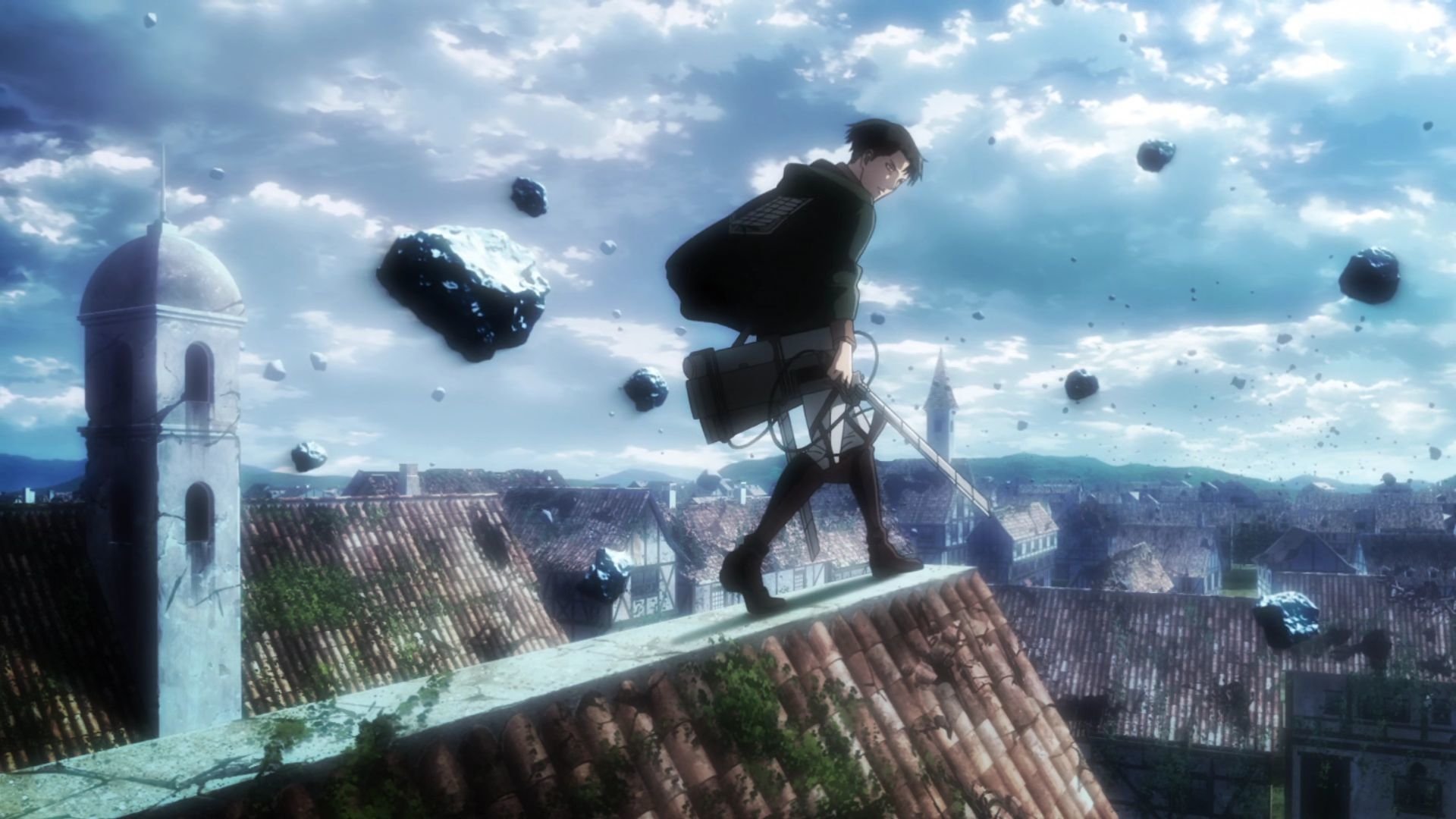 Levi Ackerman from Attack on Titan crouches on a rooftop in his ODM gear, overlooking a war-torn town as rubble floats around under a dramatic cloudy sky.