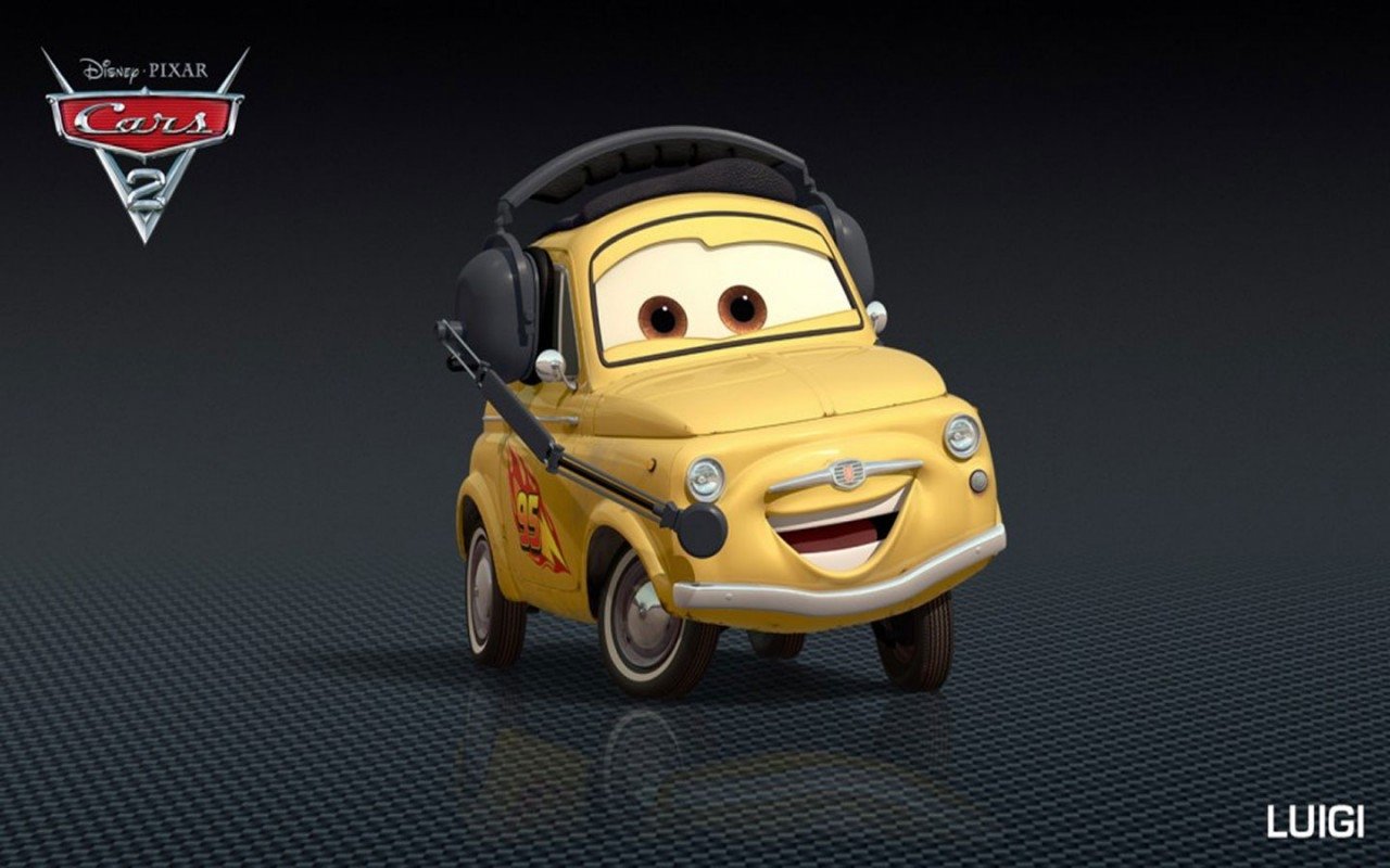 Luigi, the cheerful yellow car from the movie Cars 2, wearing a headset and smiling against a dark background.