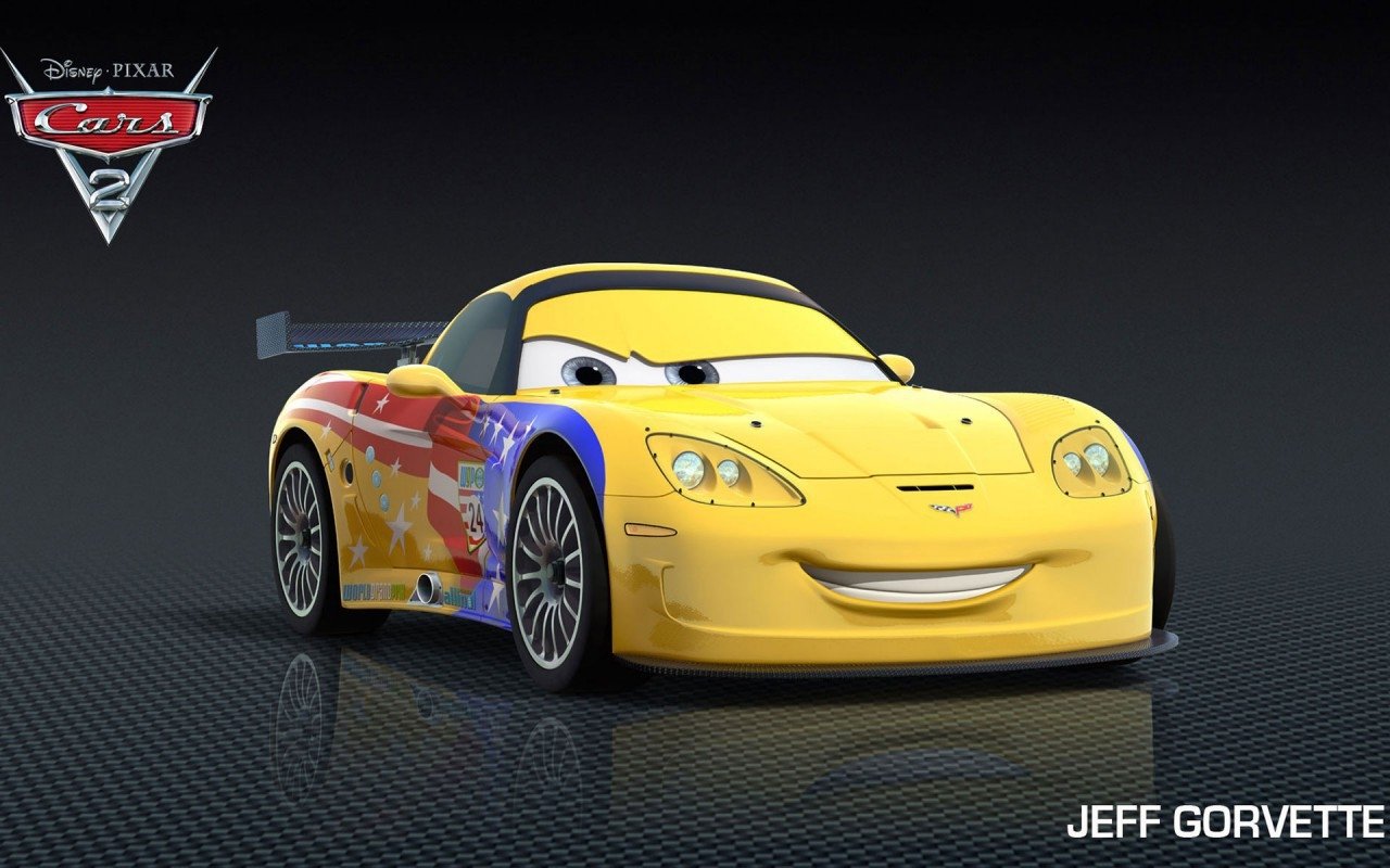 A bright yellow race car, Jeff Gorvette, from the movie Cars 2, features a cheerful expression and colorful designs, showcasing his personality as a character in the animated film.