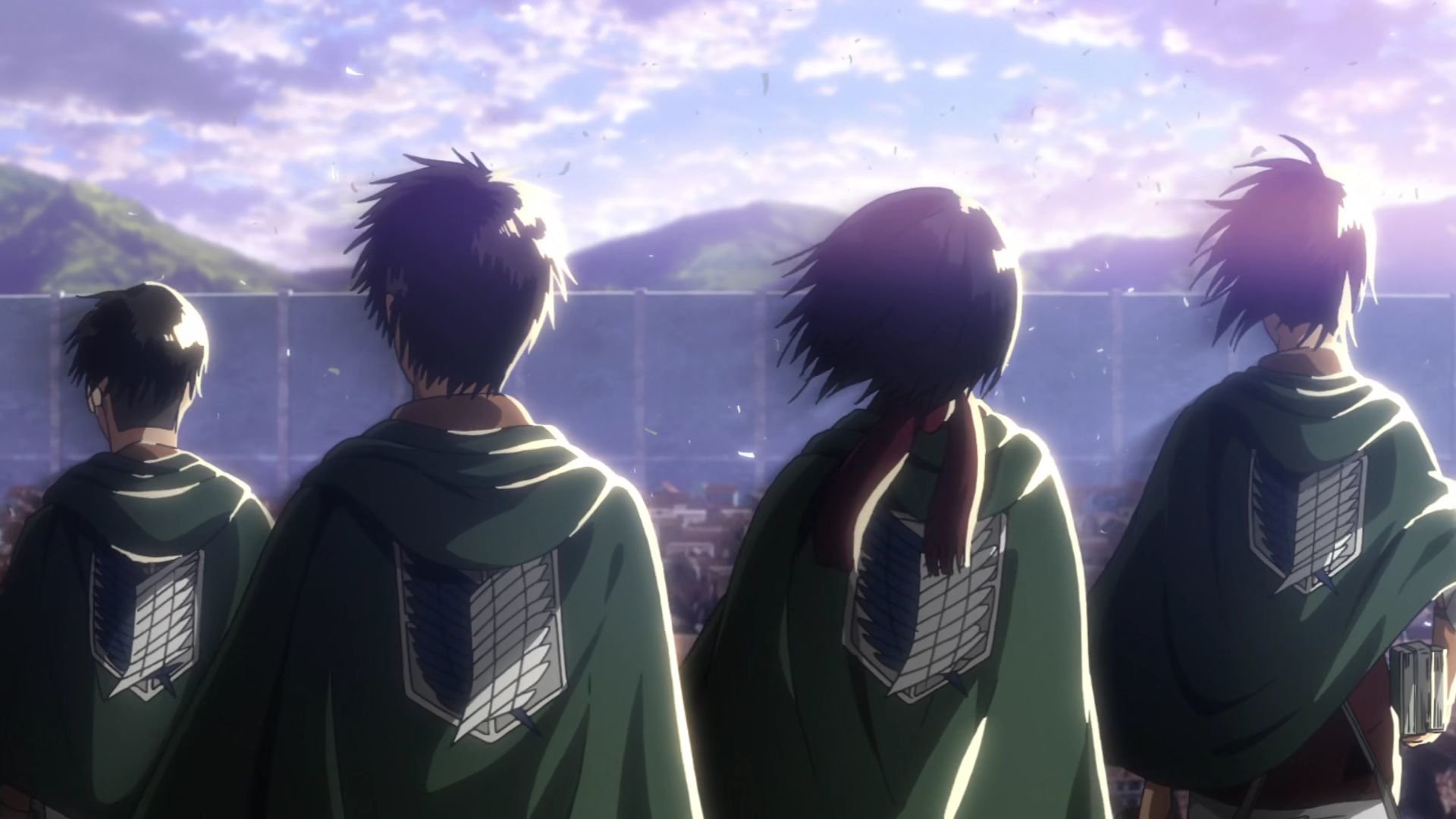 Hange Zoë, Mikasa Ackerman, Eren Yeager and Levi Ackerman in Survey Corps cloaks stand on a wall at sunrise, gazing over the town — an Attack on Titan scene featuring Eren & Mikasa.