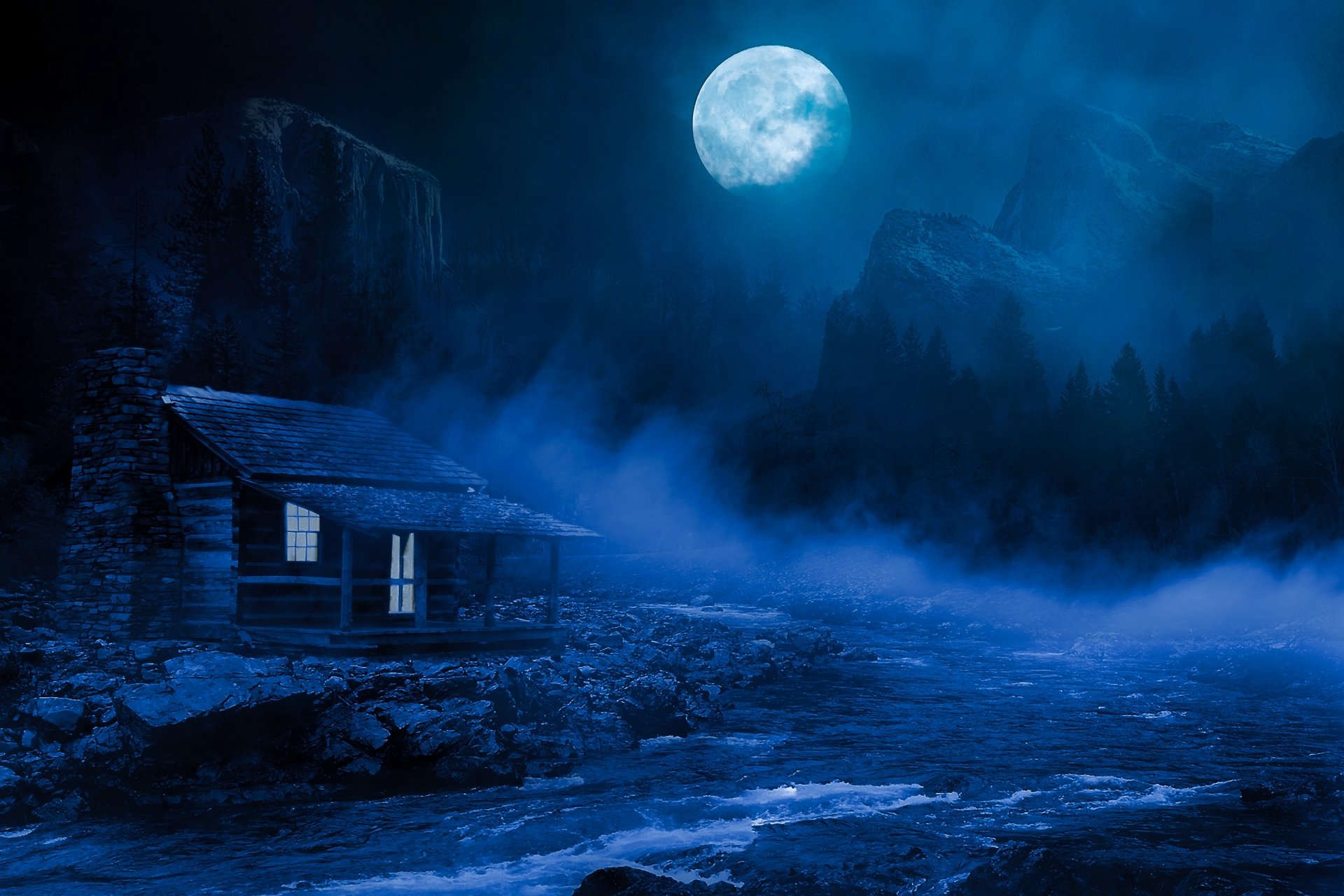 Download Fog River Full Moon Night Man Made Cabin Image