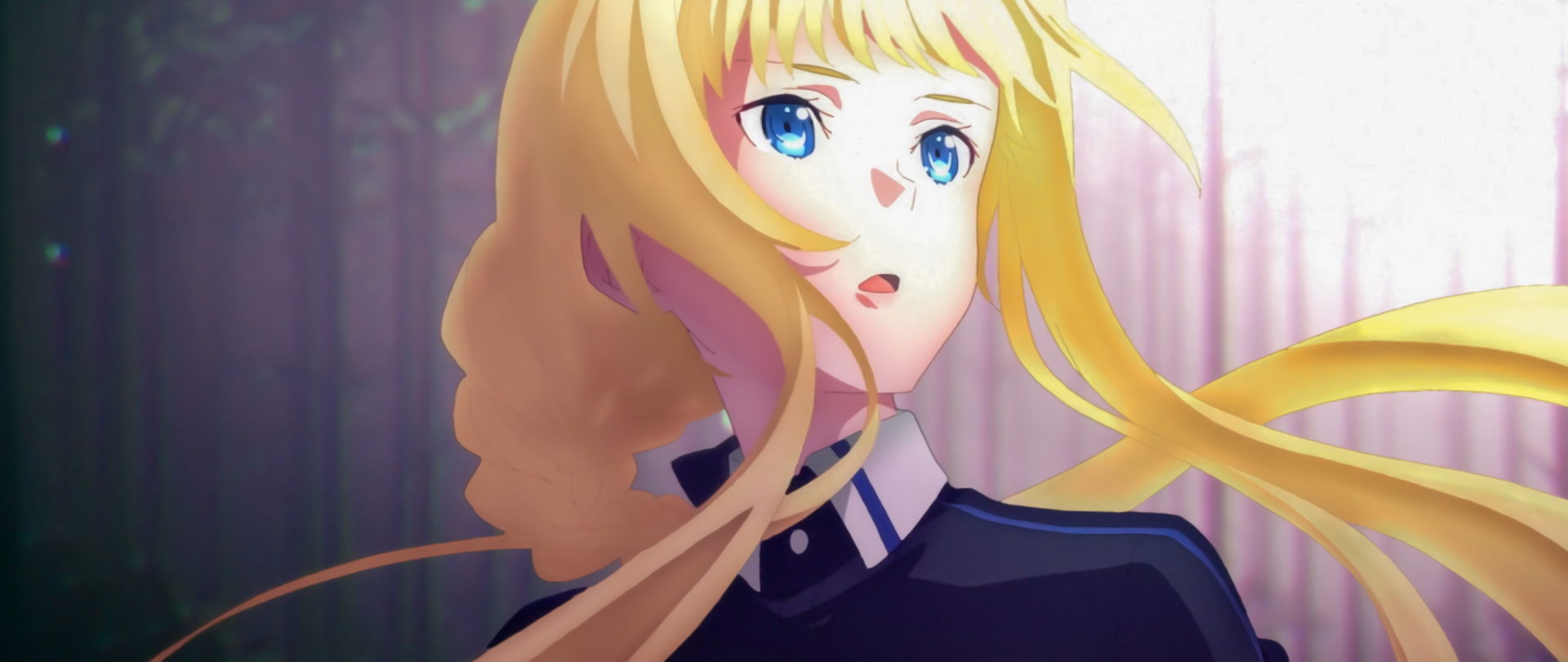 Alice Zuberg from Sword Art Online: Alicization — War of Underworld, anime portrait with flowing blonde hair, blue eyes, gazing against a misty forest and soft light.