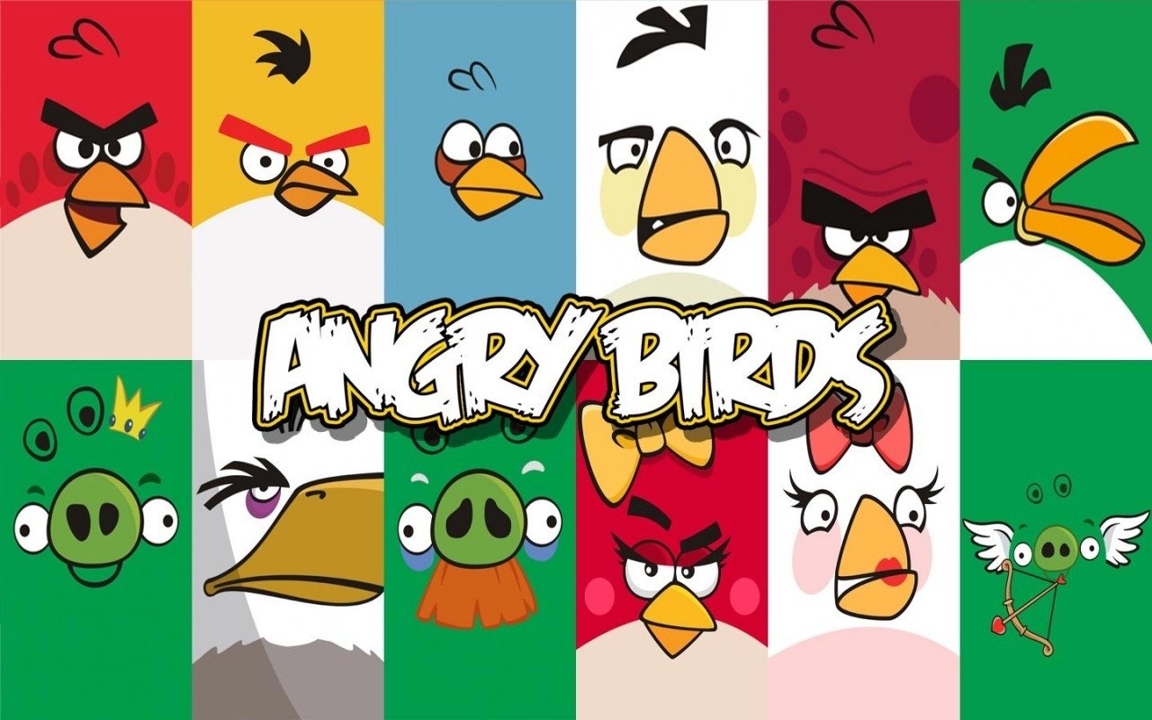 A colorful collage featuring various characters from the video game Angry Birds, showcasing the iconic angry birds and mischievous pigs against vibrant backgrounds.