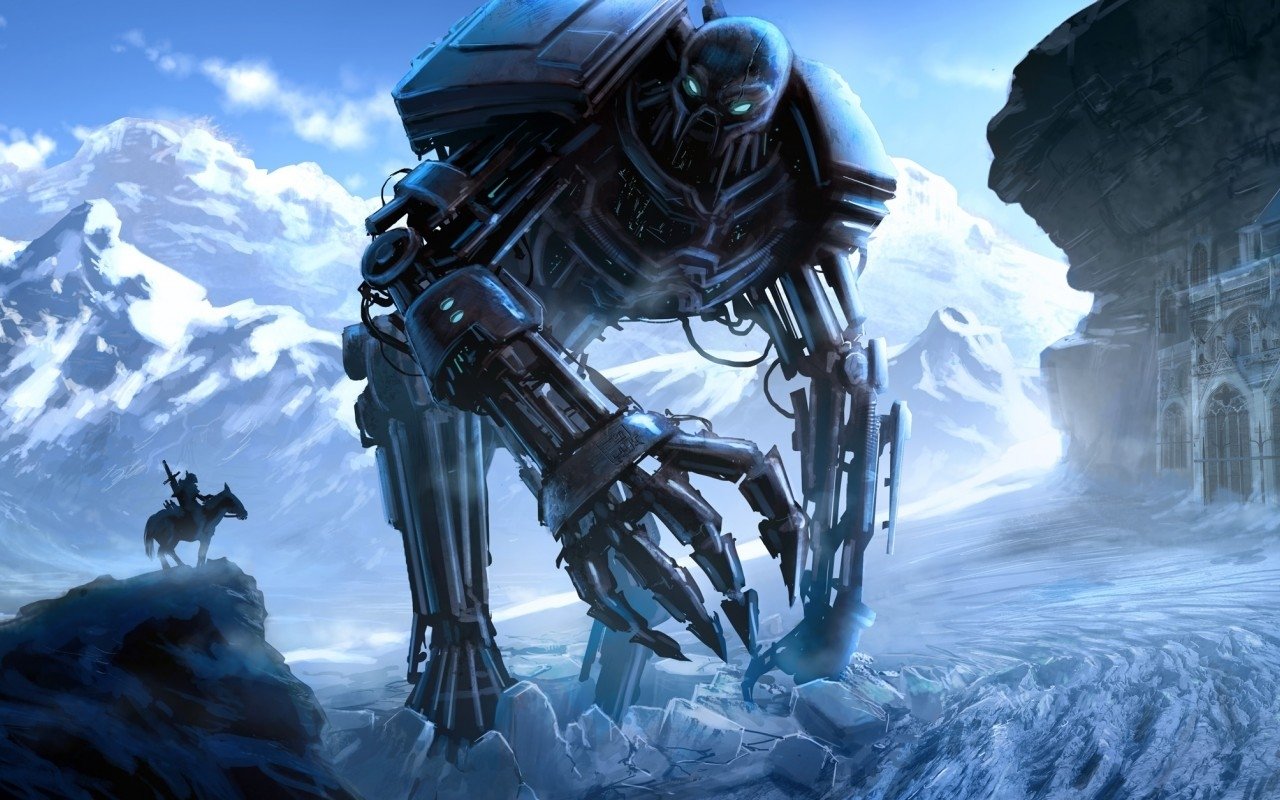 A massive, futuristic robot towers over a snowy landscape, with mountains in the background and a small figure on horseback nearby, exuding a captivating sci-fi atmosphere.