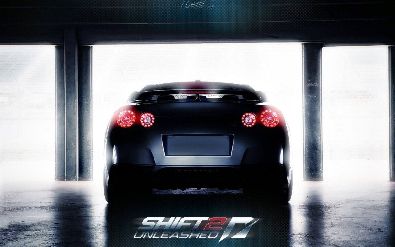 Rear view of a sports car in a dim garage setting, featuring the Need for Speed: Shift 2 Unleashed logo, highlighting the game's racing theme.