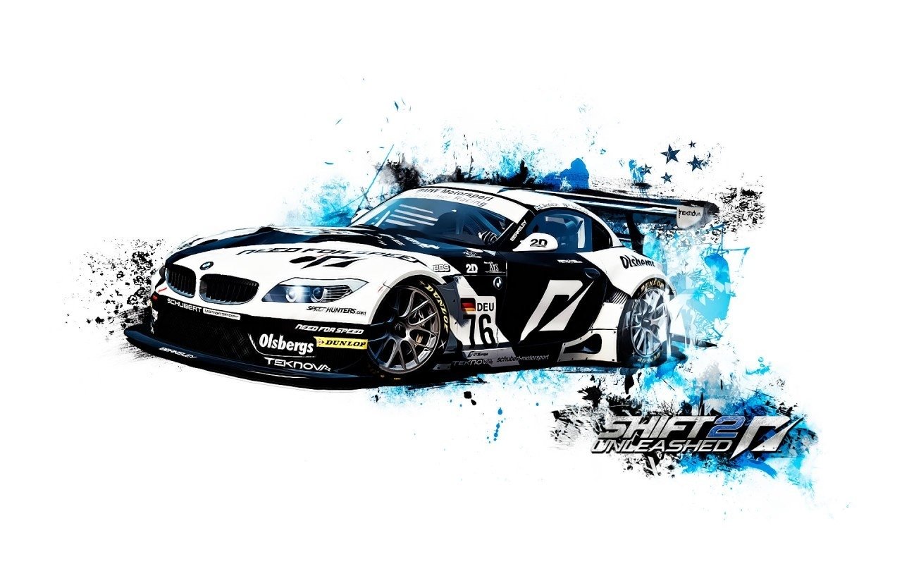 Artwork of a sleek BMW race car from the video game Need for Speed: Shift 2 Unleashed, featuring dynamic splashes of blue and black paint.