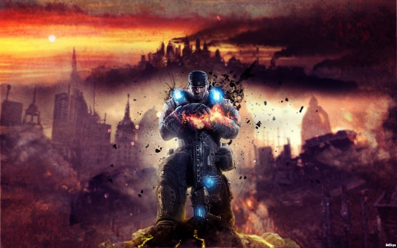 A powerful character from the video game Gears of War stands poised against a dramatic, war-torn backdrop, embodying the intense action and gritty atmosphere of the franchise.