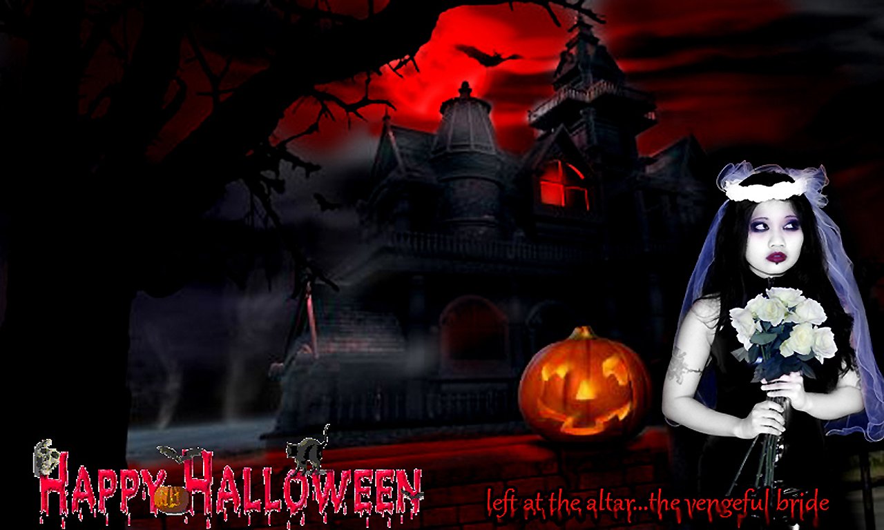A haunting scene for Halloween features a spooky mansion under a blood-red sky, a carved pumpkin, and a ghostly bride holding flowers, embodying the essence of horror and holiday spirit.
