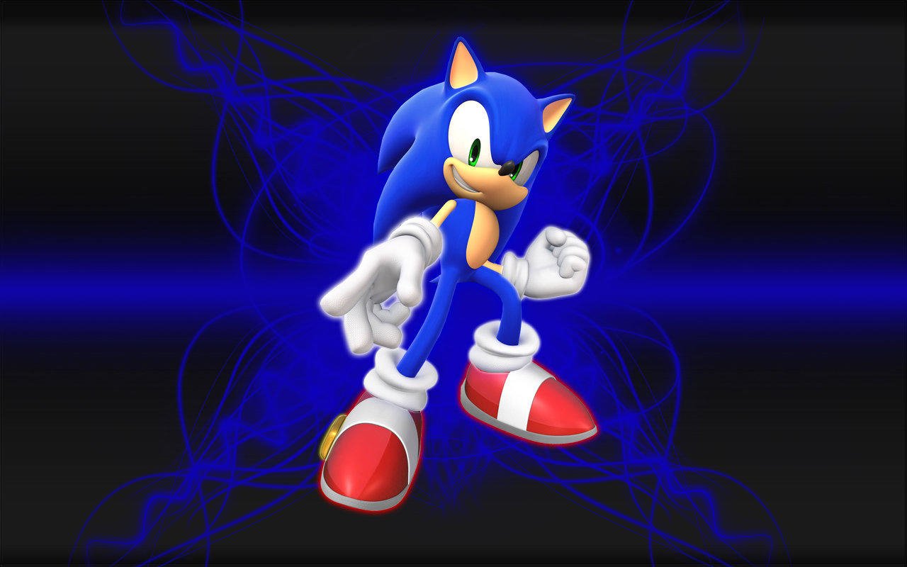 Sonic the Hedgehog strikes a dynamic pose against a blue and black abstract background, showcasing his character from the video game Sonic Unleashed.
