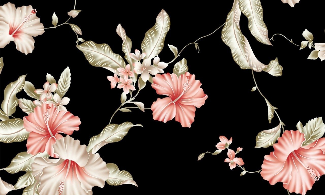 Artistic depiction of delicate pink flowers and pale green leaves on a black background, creating an elegant floral pattern.