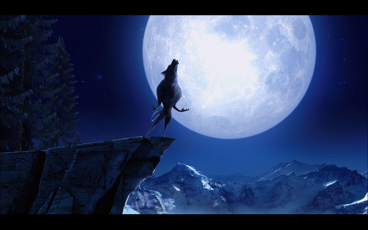 A dark werewolf howls at a massive full moon, perched on a rocky ledge, surrounded by a serene night landscape and distant mountains.