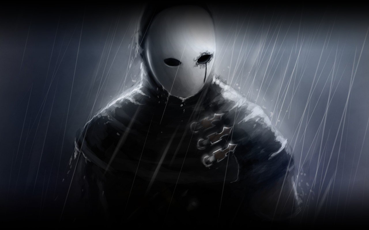 A dark figure with a featureless mask stands in the rain, evoking the haunting atmosphere of Dark Souls II. The character's presence suggests mystery and foreboding.