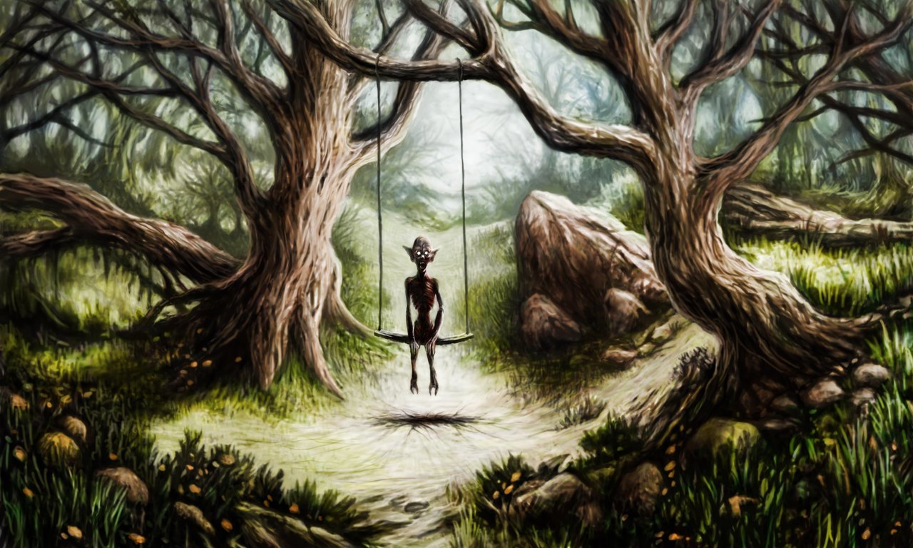 A fantasy scene: a small horned demon sits on a rope swing between twisted ancient trees in a moonlit forest clearing, moss and mushrooms underfoot.
