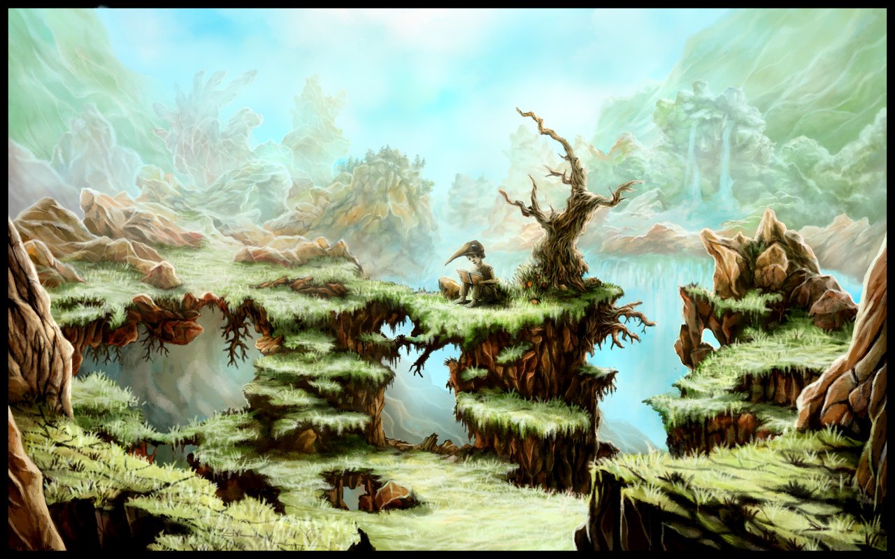Fantasy landscape of floating grassy stone platforms above misty waters, with a twisted tree, rocky spires and pale blue skies.