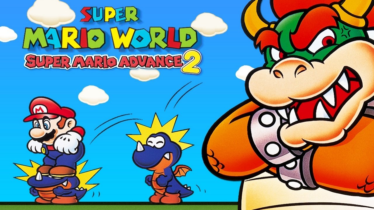 Promotional art for the video game Super Mario World: Super Mario Advance 2 — Mario, a small blue dinosaur enemy and Bowser under a bright, cloud-filled sky with the game logo.