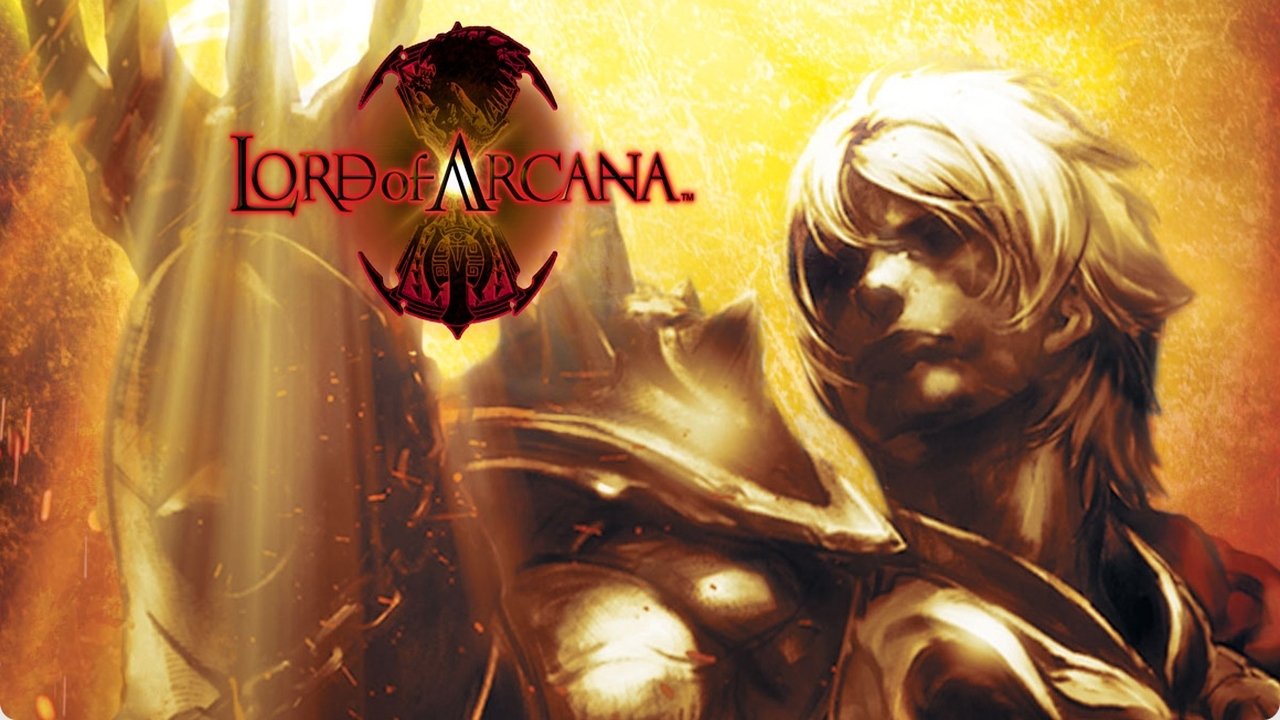 Lord of Arcana video game cover art: golden-armored warrior with white hair and a raised sword framed by a fiery, glowing background and the game logo.