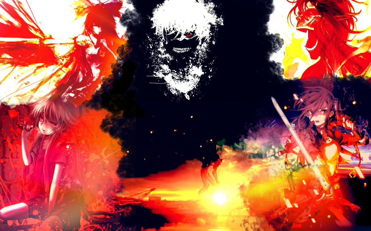 A dynamic crossover artwork featuring characters and elements from *Mirai Nikki*, *Attack on Titan*, *Sword Art Online*, *Neon Genesis Evangelion*, and *Tokyo Ghoul*, set in a vivid, dramatic landscape.