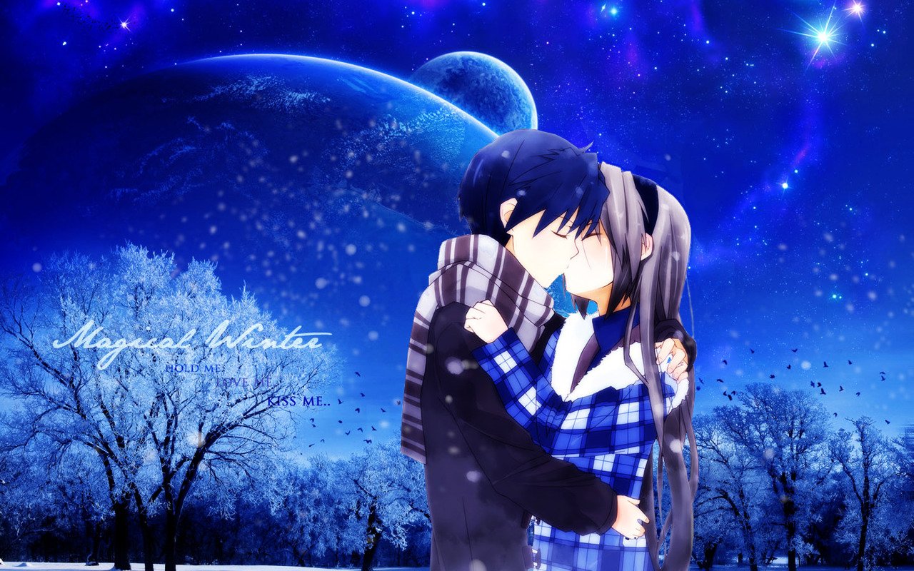 Tomoya Okazaki and Tomoyo Sakagami (Clannad) embrace beneath a glowing blue starry sky with a distant planet and silhouetted winter trees.