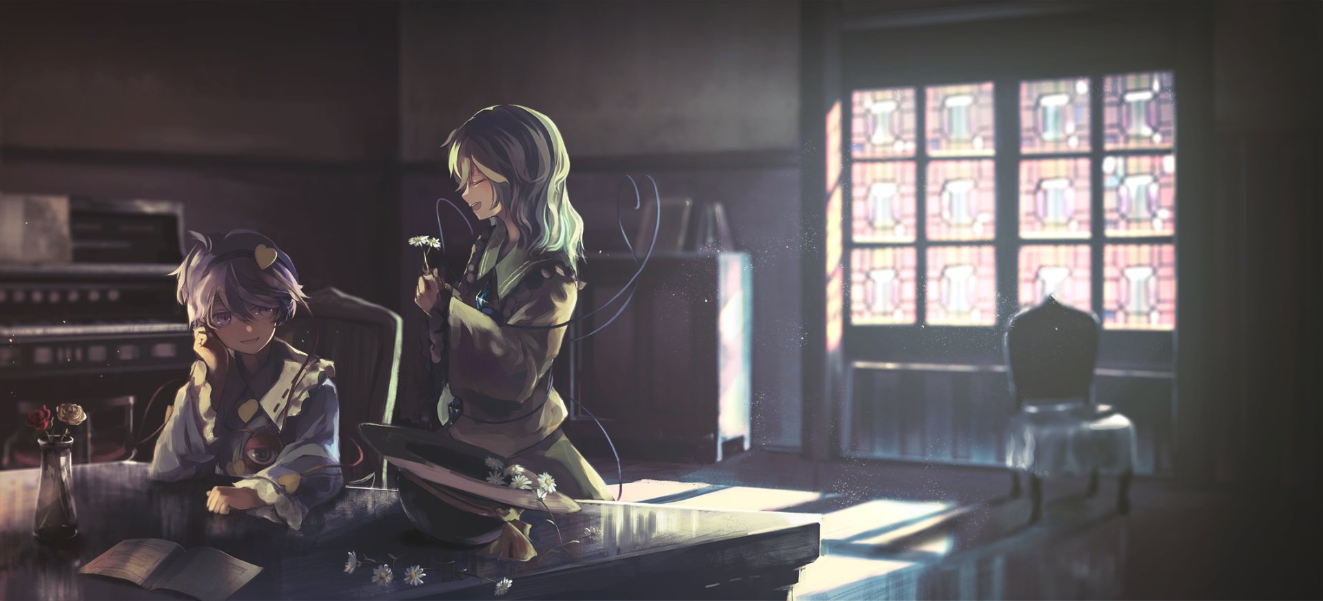 Satori Komeiji and Koishi Komeiji from Touhou anime are depicted in a softly lit room with stained glass windows, creating a calm and intimate atmosphere.