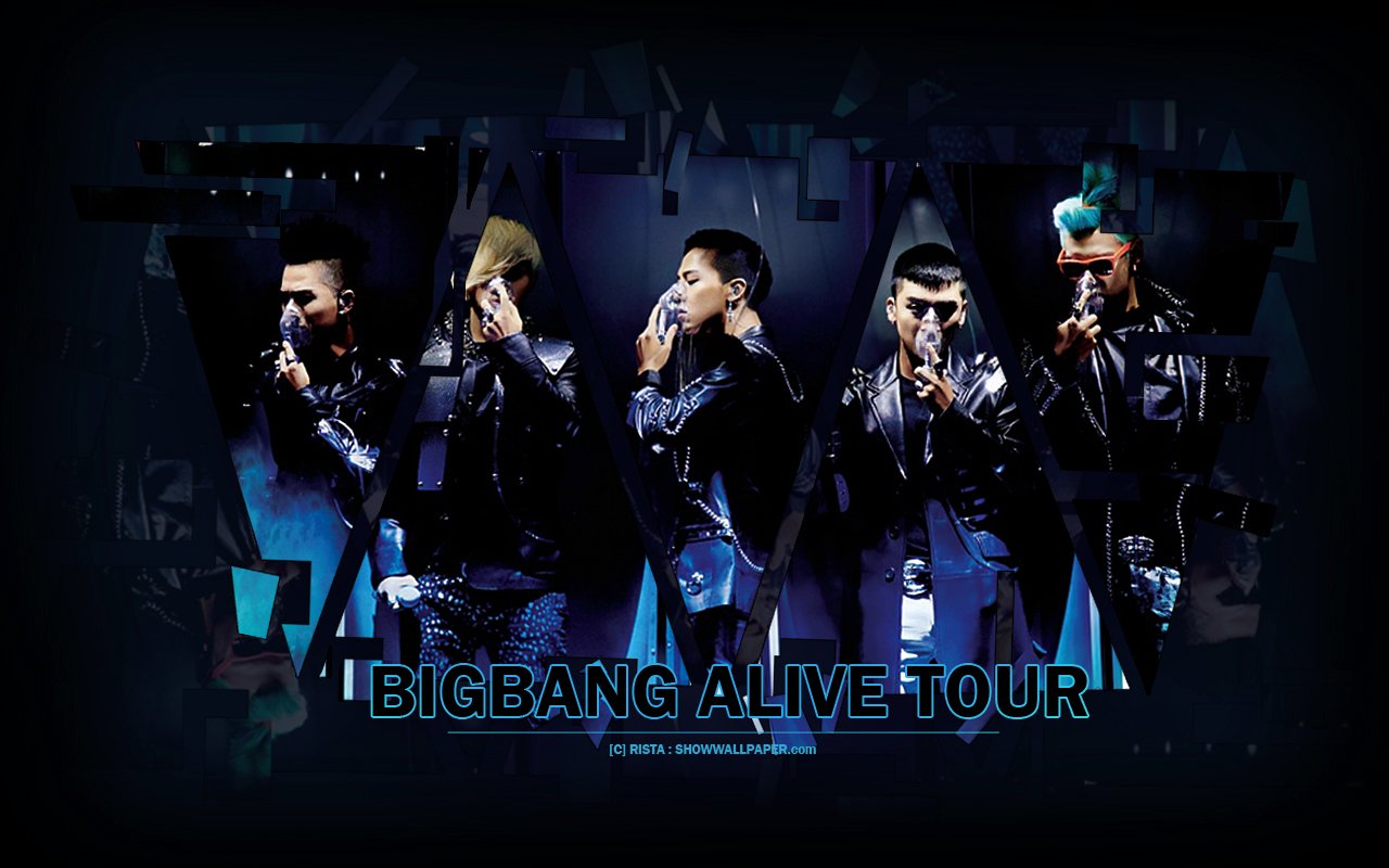A dynamic promotional image of Bigbang, featuring the band members in striking poses, showcasing their style and energy from the 'Bigbang Alive Tour.'