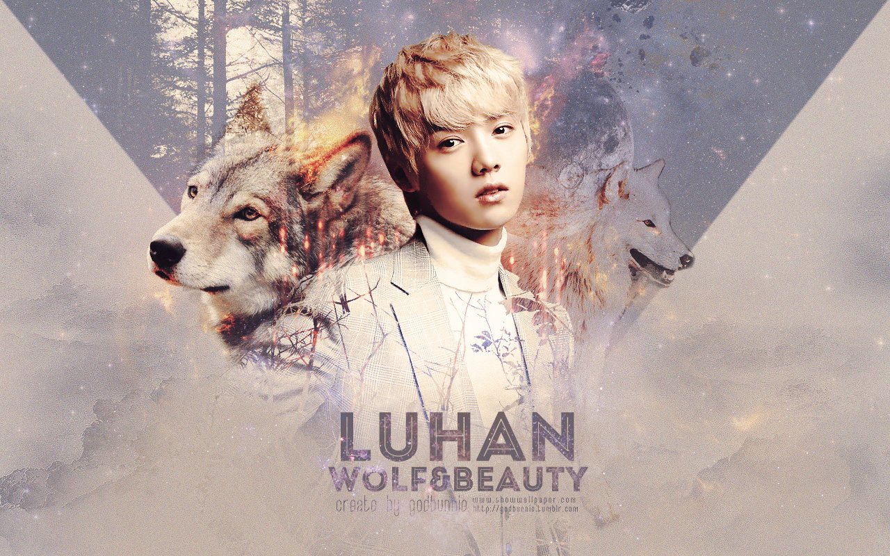 A digital artwork featuring Luhan from EXO, blending his image with wolves in a mystical forest setting, highlighting themes of beauty and connection in music.