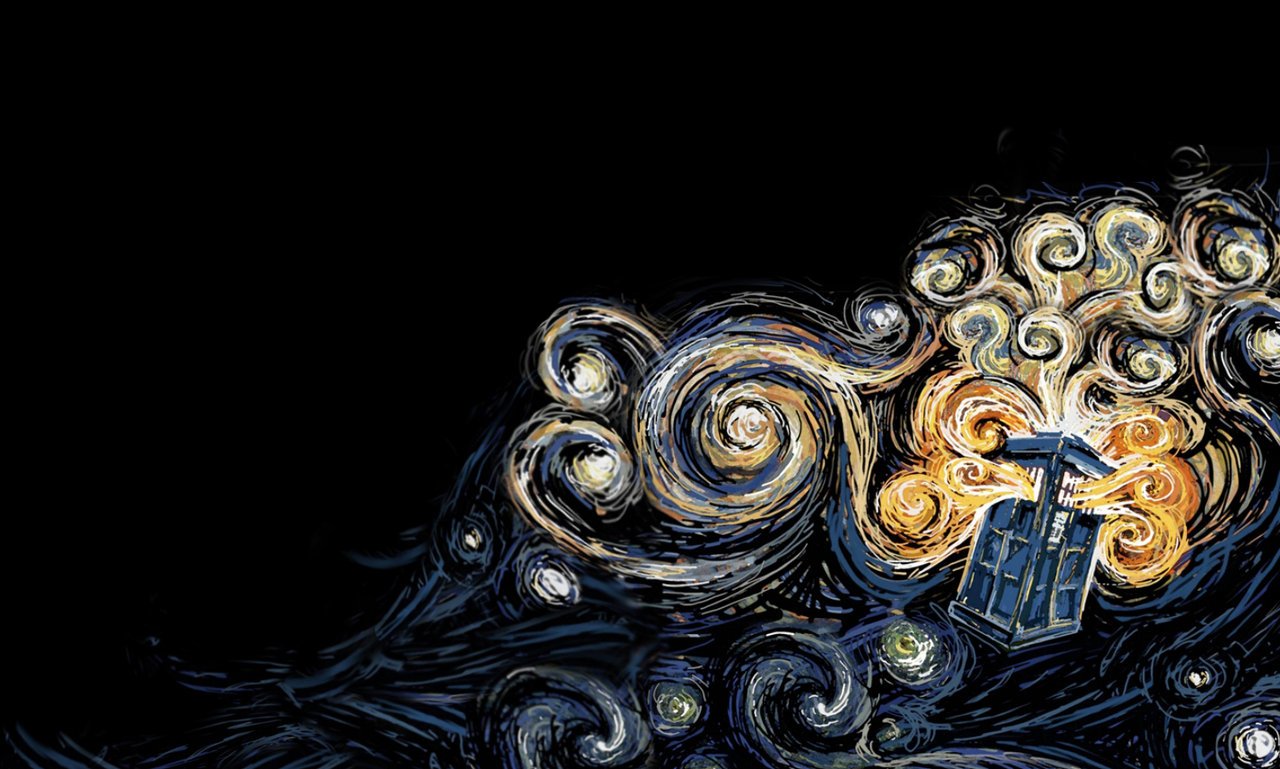A stylized depiction of the TARDIS from the TV show Doctor Who (2005) surrounded by swirling, starry patterns reminiscent of Van Gogh's artwork.