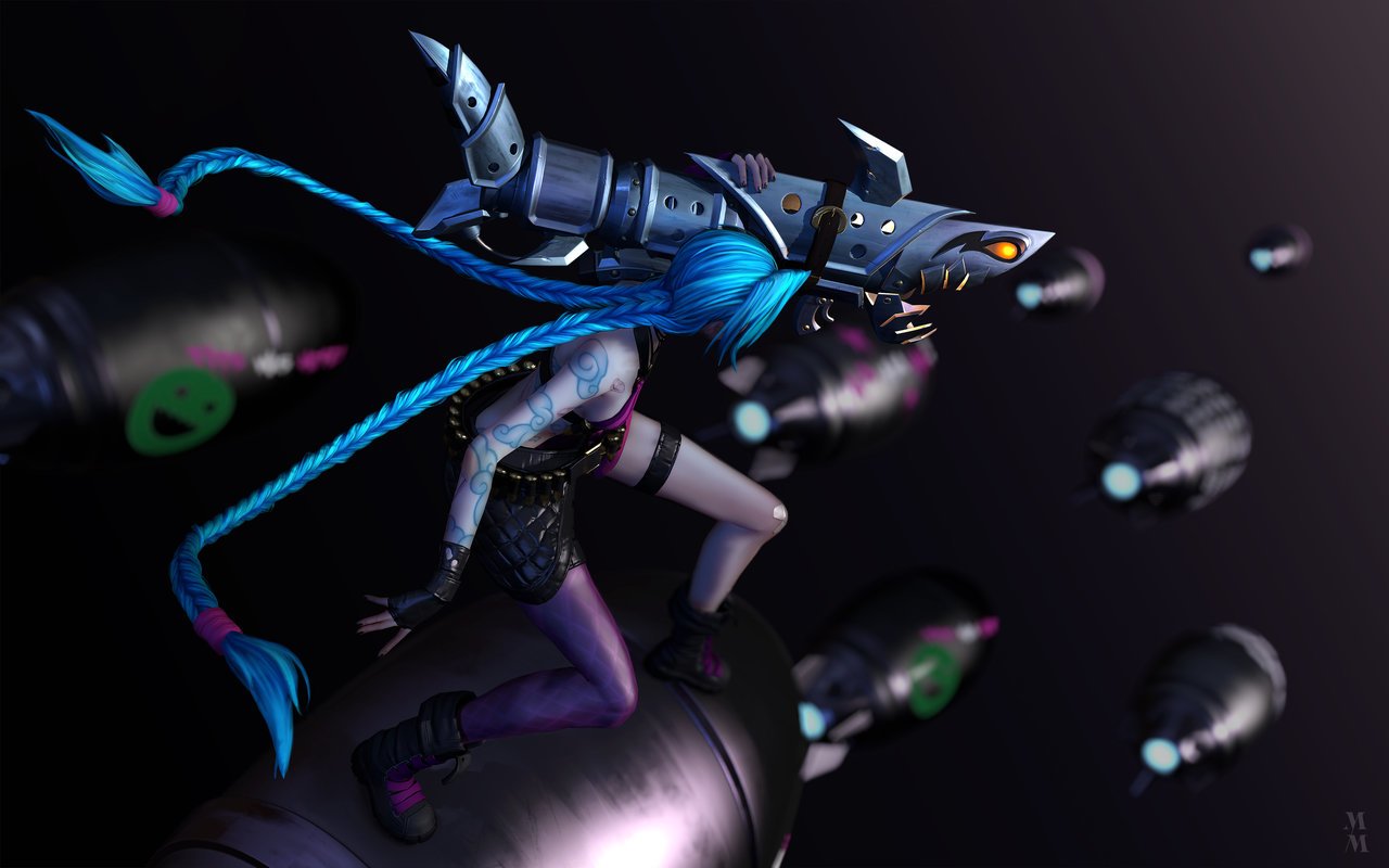 A dynamic depiction of Jinx from League of Legends, featuring her vibrant blue hair and iconic weapon, set against a backdrop of colorful bombs in motion.