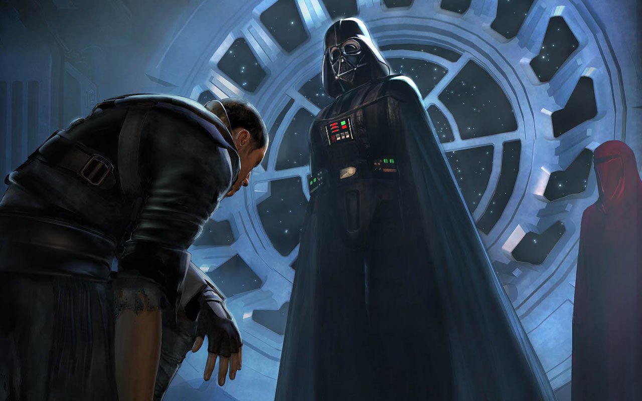 Darth Vader confronts a kneeling figure in a scene from the Star Wars: The Force Unleashed video game, set inside an Imperial Star Destroyer.