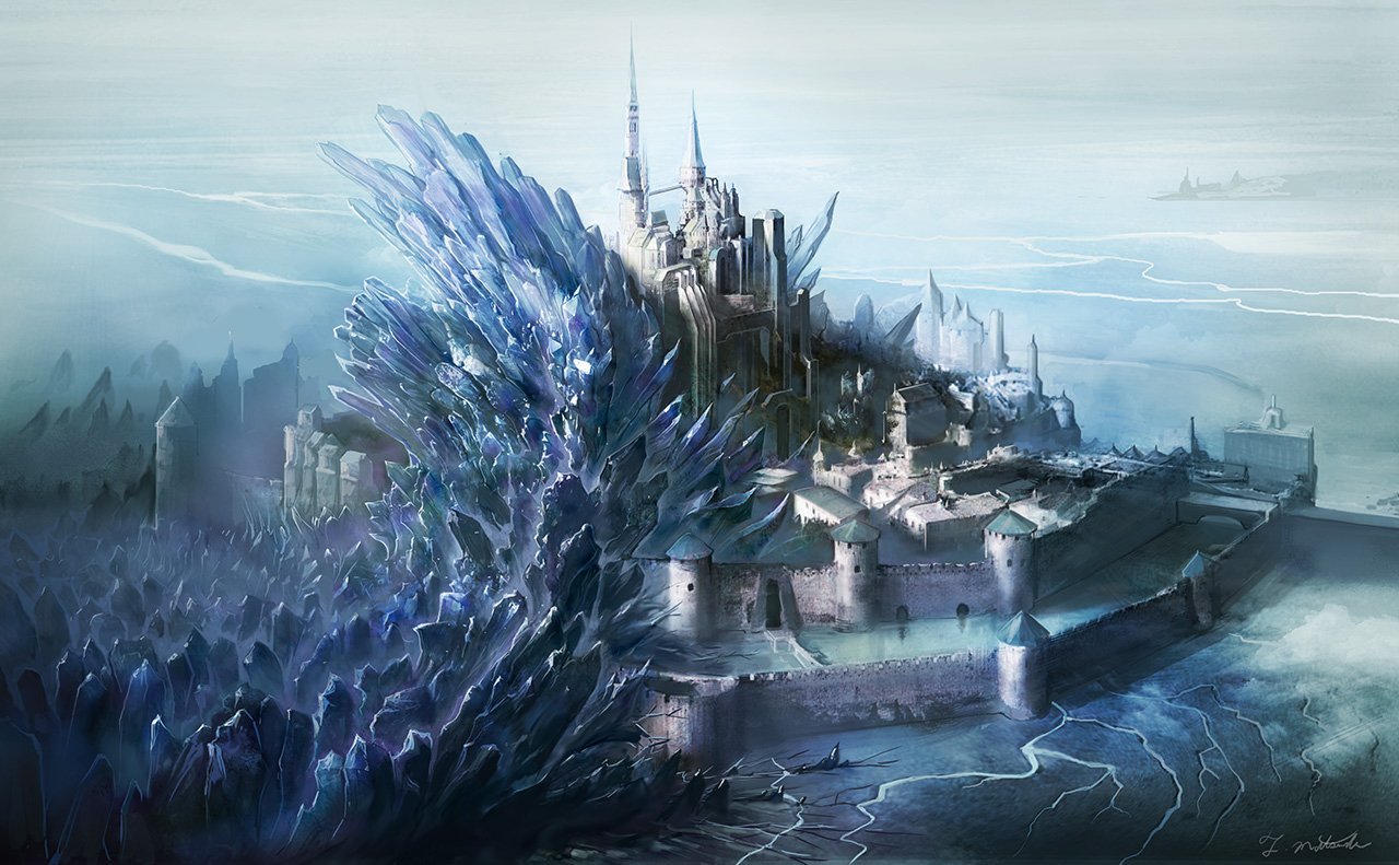 A majestic frozen ice castle rises from an icy landscape in a fantasy setting from the video game Mevius Final Fantasy.