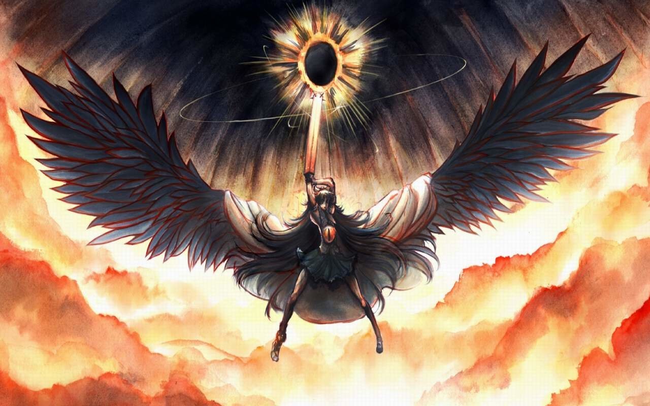 Utsuho Reiuji from Touhou anime, depicted soaring with large dark wings against a fiery sky, holding a glowing orb radiating cosmic energy.