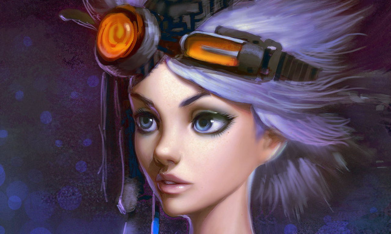 Sci-fi woman with lavender hair and large expressive eyes, wearing glowing orange goggles and futuristic headgear against a star-speckled purple backdrop.