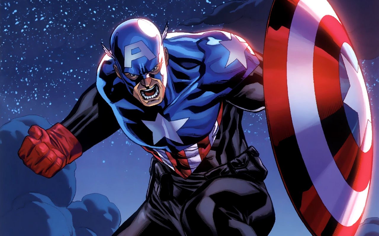 Captain America strikes a dynamic pose, showcasing his iconic shield and star-spangled costume against a starry backdrop in this vibrant comic illustration.
