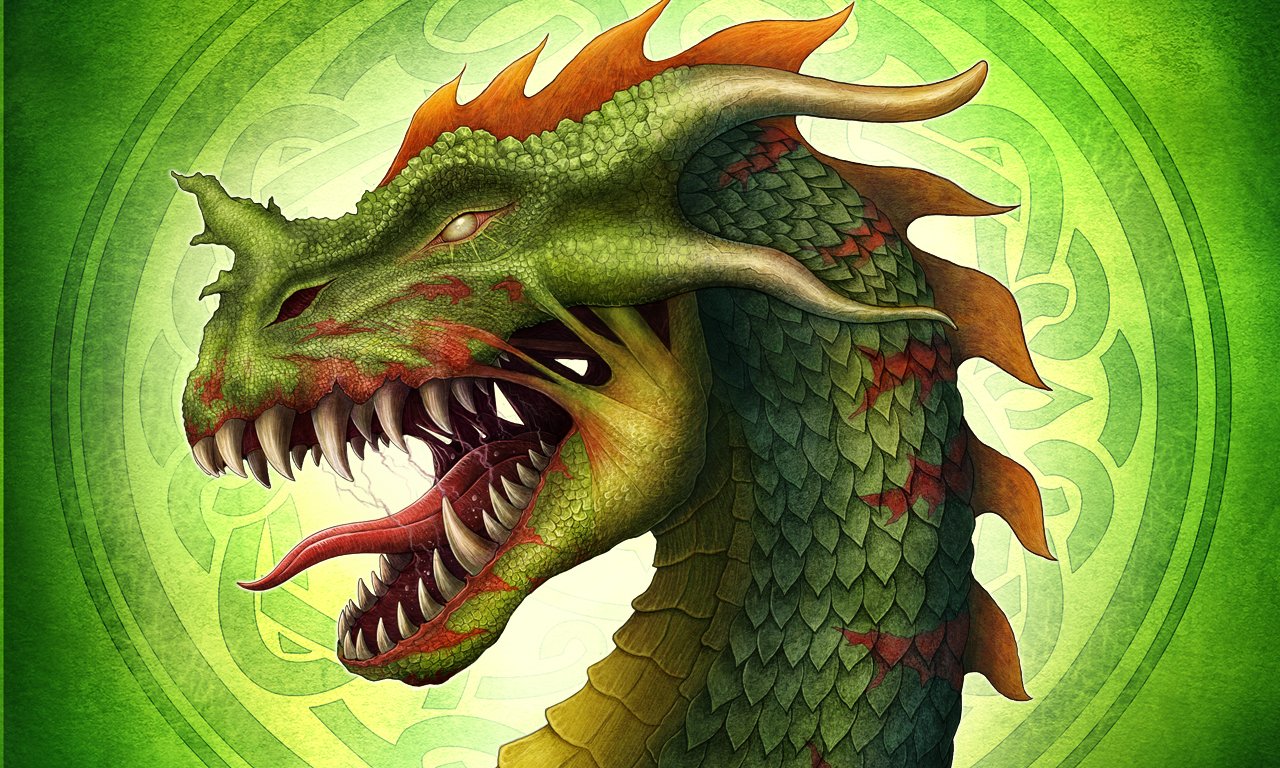 Fantasy dragon with green scales and red crest snarling, jaws open to show sharp teeth and forked tongue, detailed scales and a glowing circular green sigil behind its head.