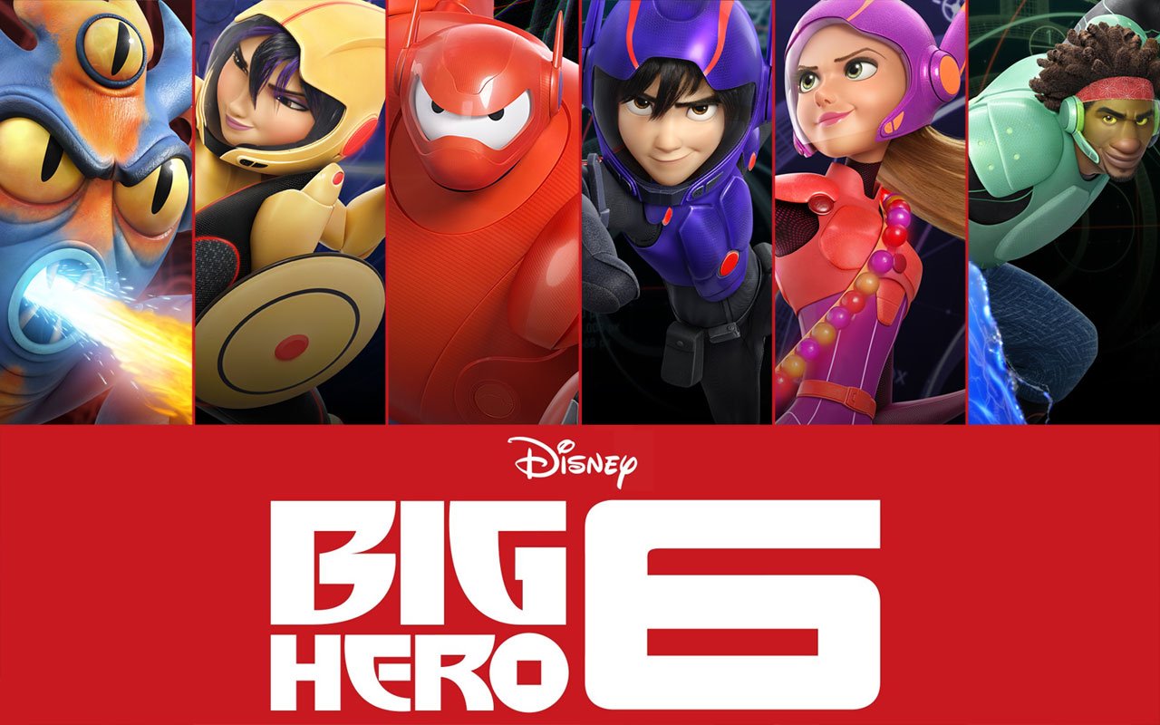 A colorful poster featuring the main characters from Disney's movie Big Hero 6, showcasing their unique abilities and vibrant personalities against a bold red background.