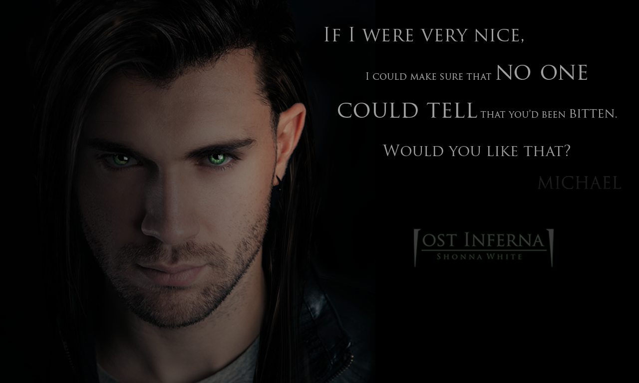 A fantasy vampire with long dark hair and striking green eyes gazes intensely, accompanied by a dark, mysterious quote.